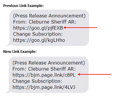 Screenshots of previous text alert link example compared to new text alert link example